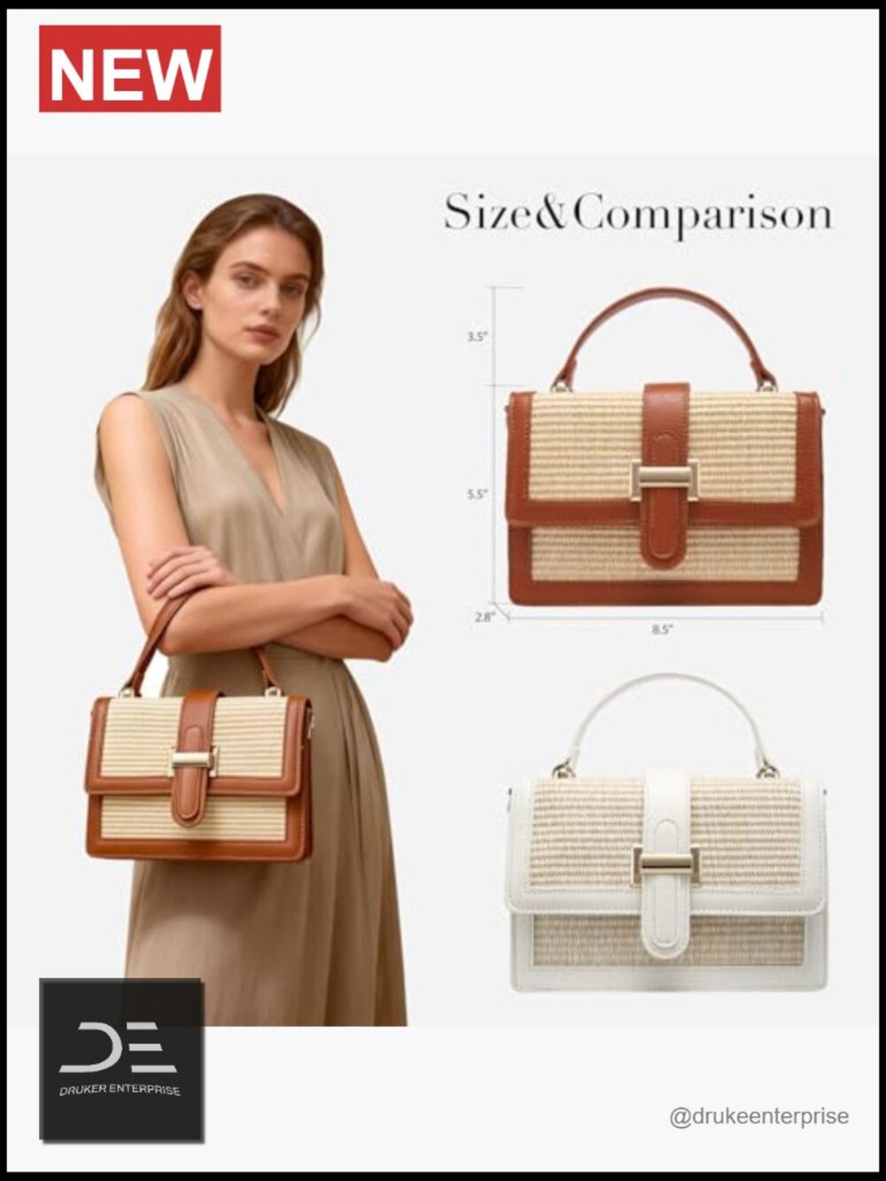 Straw Crossbody Bag, Vegan Leather Patchwork Summer Purse with Top Handle, - Picture 6 of 6